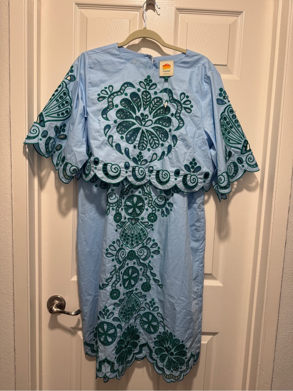 FARM Rio Light Blue Midi Dress with Green Embroidery